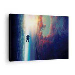 Cuadro sobre lienzo - Impresión de Imagen - Un astronauta flotando en el espacio sobre una Tierra colorida. - 70x50cm - Enfrentarse al universo - Decoración de pared moderna para salón y dormitorio ARTTOR