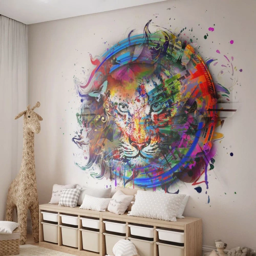 Fotomural Autadhesivo Deluxe Sticker - Al acecho tras la cortina arco iris - Abstracción, Tigre, Gráficos - 150x105 cm