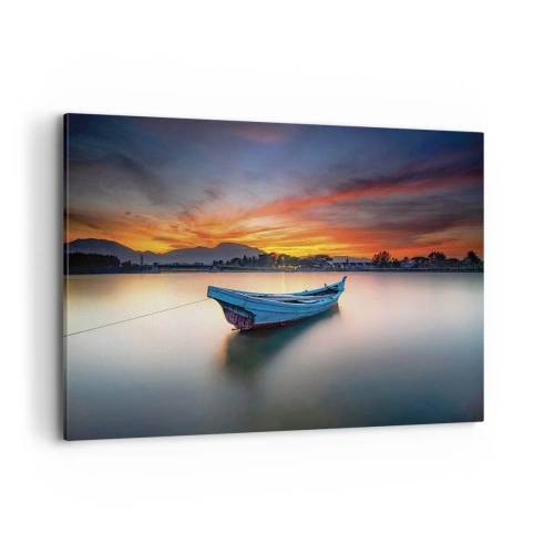 Cuadro sobre lienzo - Impresión de Imagen - Un barco en el agua durante una pintoresca puesta de sol. - 120x80cm - Se avecina una buena noche - Decoración de pared moderna para salón y dormitorio ARTTOR