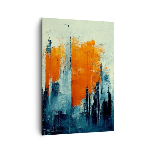 Cuadro sobre lienzo - Impresión de Imagen - Paisaje urbano abstracto en tonos naranja y azul. - 70x100cm - Paisaje moderno - Decoración de pared moderna para salón y dormitorio ARTTOR