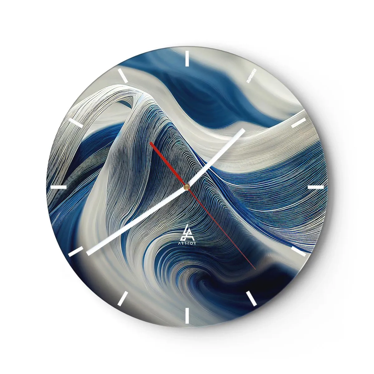 Reloj de pared - Reloj de vidrio - Remolinos dinámicos en tonos de azul y blanco con una disposición ondulada. - 30x30cm - Fluidez de azul y blanco - Decoración de pared moderna para salón, cocina y dormitorio ARTTOR