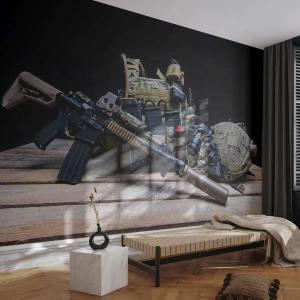 Fotomural Standard Eco - Equipo de combate táctico con rifle y casco. - 100x70cm - ¡Descansen! - Decoración de pared moderna para salón y dormitorio ARTTOR