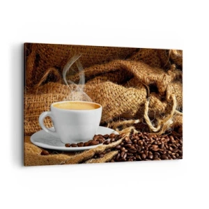Cuadro sobre lienzo - Impresión de Imagen - Una taza de café rodeada de una bolsa de granos de café. - 120x80cm - Olor a moca y densidad del líquido meloso - Decoración de pared moderna para salón y dormitorio ARTTOR