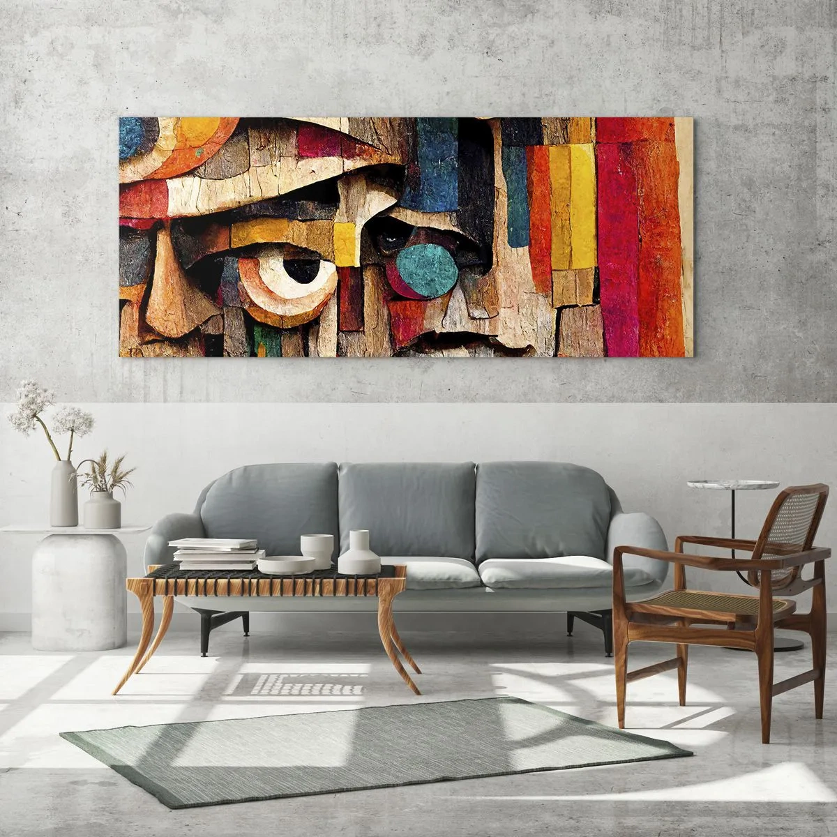 Cuadro sobre vidrio - Impresiones sobre Vidrio - Rostros abstractos en colores intensos - 120x50cm - Te veo... - Decoración de pared moderna para salón y dormitorio ARTTOR