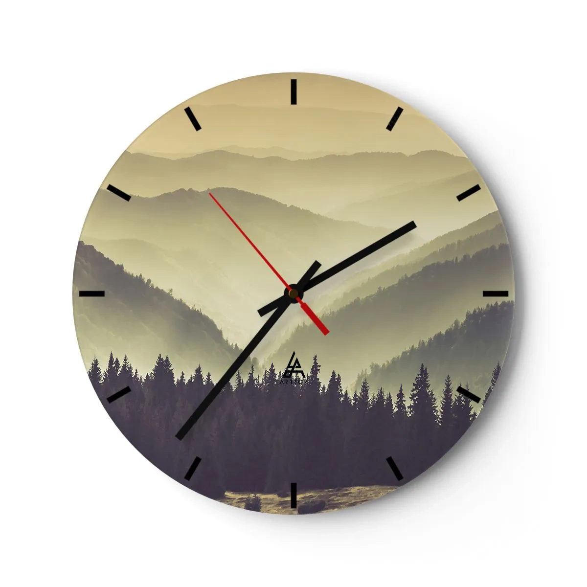 Reloj de pared - Reloj de vidrio - Colinas boscosas con vistas a un paisaje brumoso - 30x30cm - Más allá de las siete montañas... - Decoración de pared moderna para salón, cocina y dormitorio ARTTOR