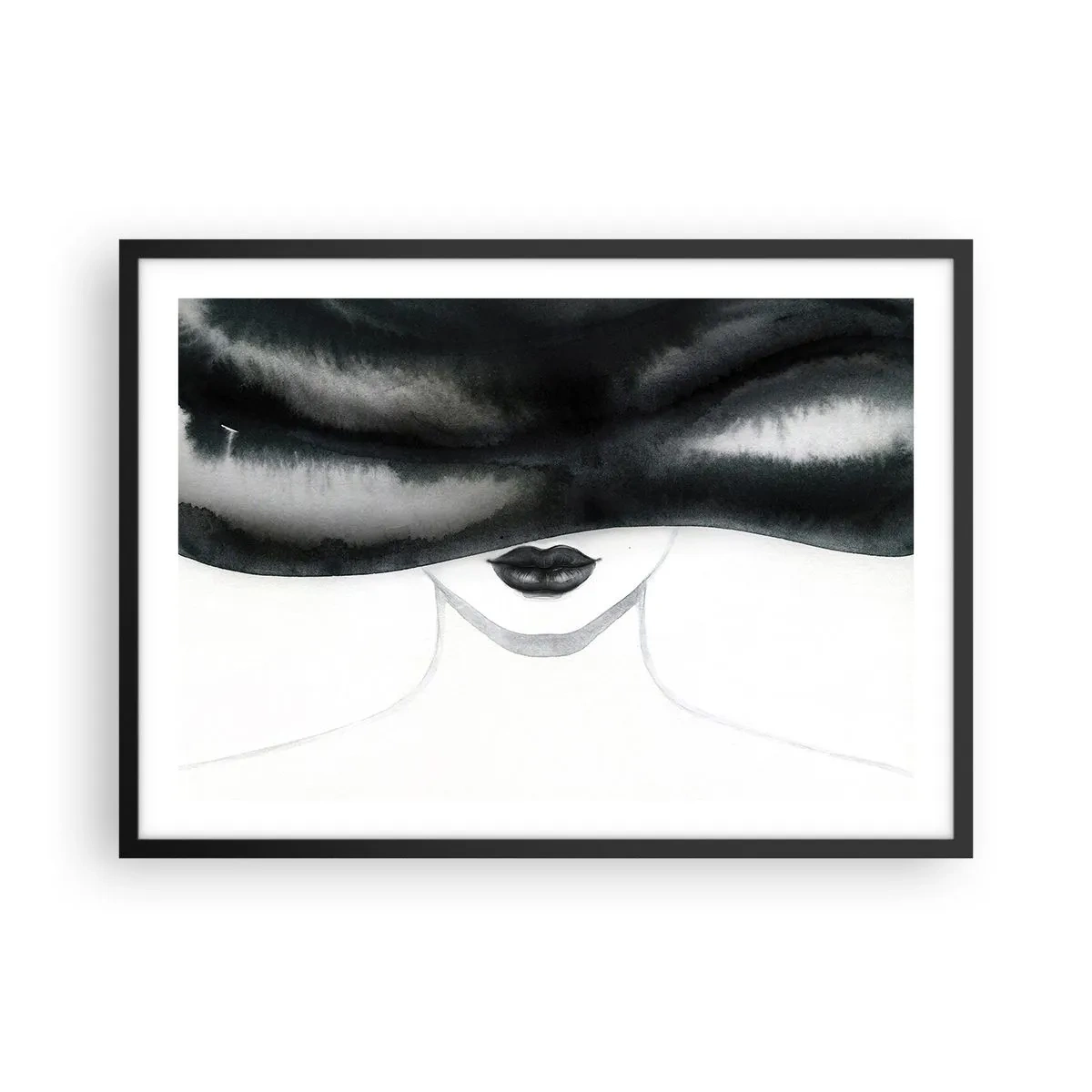 Póster en marco negro - Un retrato sutil de una mujer con el rostro cubierto en un estilo monocromático. - 70x50cm - Un misterio sensual - Decoración de pared moderna para salón y dormitorio ARTTOR