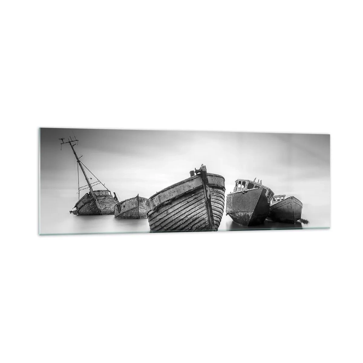 Cuadro sobre vidrio - Impresiones sobre Vidrio - Barcos abandonados en aguas tranquilas - 160x50cm - Ahora solo quedan los recuerdos... - Decoración de pared moderna para salón y dormitorio ARTTOR