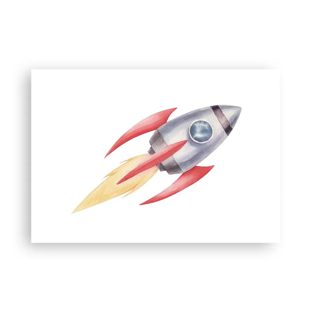 Póster - Cohete en estilo acuarela sobre fondo blanco. - 100x70cm - Más alto, más rápido, más lejos - Decoración de pared moderna para salón y dormitorio ARTTOR