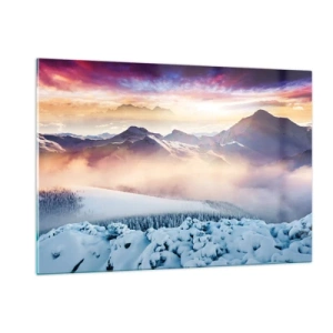 Cuadro sobre vidrio - Impresiones sobre Vidrio - Paisaje invernal de montaña con puesta de sol y niebla - 120x80cm - La fuerza y la pureza de la naturaleza - Decoración de pared moderna para salón y dormitorio ARTTOR