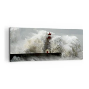 Cuadro sobre lienzo - Impresión de Imagen - Un faro rodeado de fuertes olas durante una tormenta. - 120x50cm - La furia del océano - Decoración de pared moderna para salón y dormitorio ARTTOR