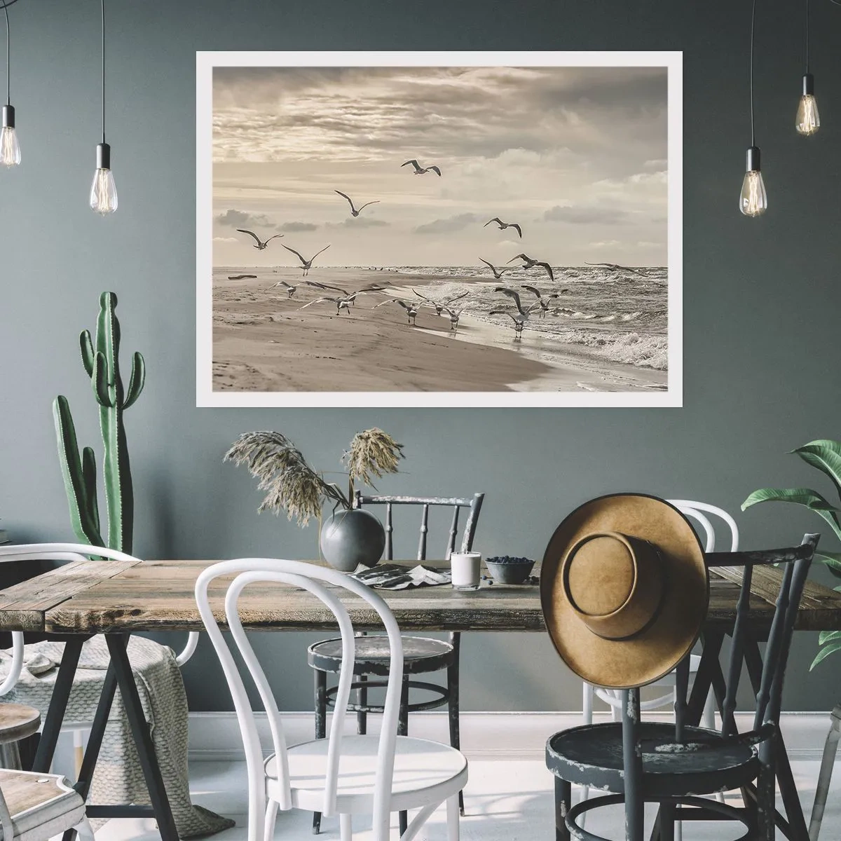 Póster - Una gaviota en vuelo sobre un paisaje costero - 100x70cm - El sonido del mar, el canto de los pájaros - Decoración de pared moderna para salón y dormitorio ARTTOR