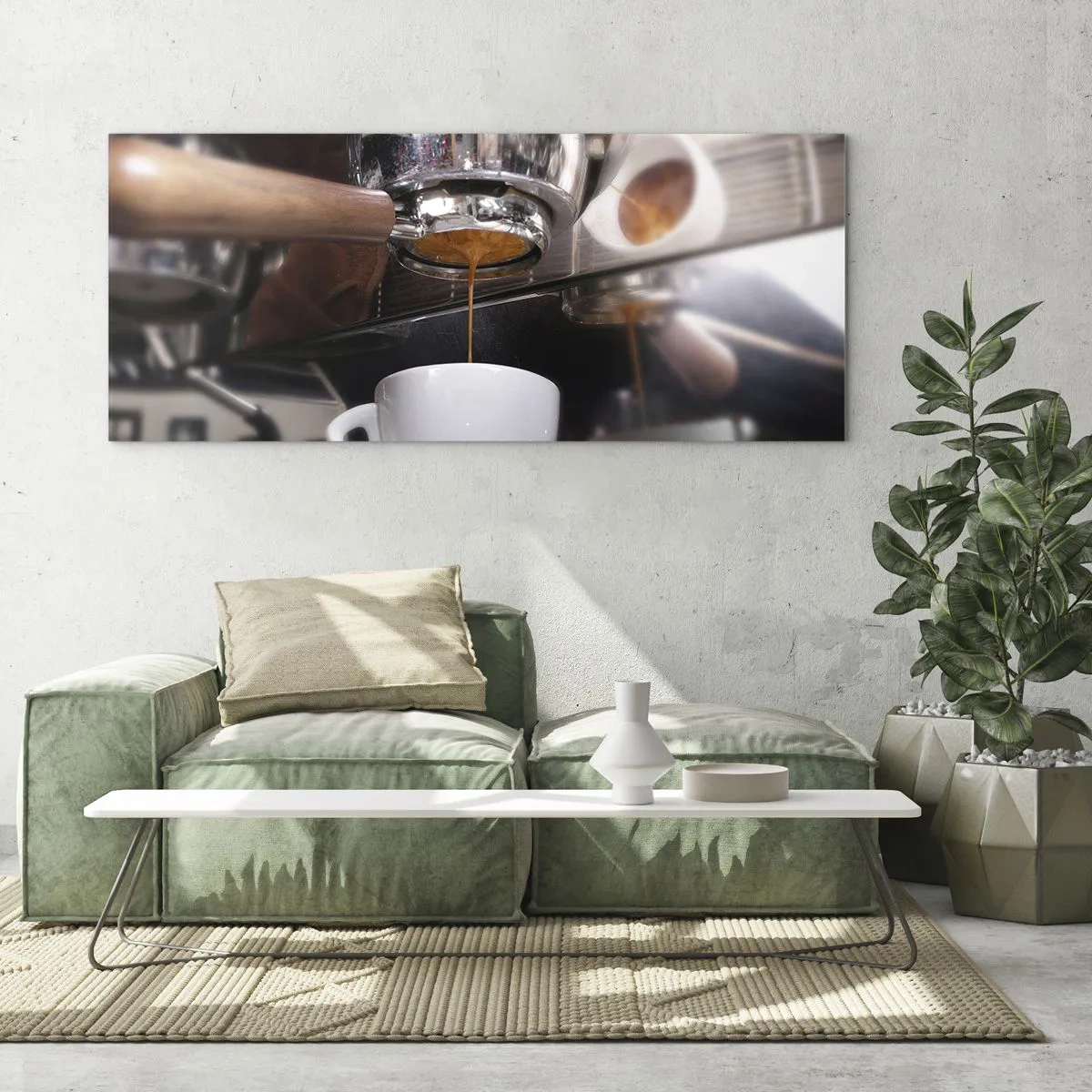 Cuadro sobre vidrio - Impresiones sobre Vidrio - Primer plano de una máquina de café preparando una dosis fresca de espresso - 160x50cm - El mejor momento del día - Decoración de pared moderna para salón y dormitorio ARTTOR