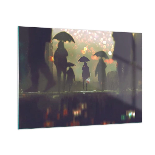 Cuadro sobre vidrio - Impresiones sobre Vidrio - Figuras con paraguas bajo la lluvia con las luces de la ciudad como telón de fondo - 100x70cm - Desde la perspectiva de una gota de lluvia - Decoración de pared moderna para salón y dormitorio ARTTOR