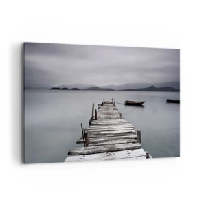 Cuadro sobre lienzo - Impresión de Imagen - Un puente de madera que conduce a la tranquila superficie del lago. - 100x70cm - Mañana partimos - Decoración de pared moderna para salón y dormitorio ARTTOR