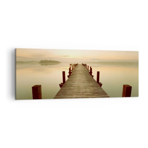 Cuadro sobre lienzo - Impresión de Imagen - Un embarcadero de madera en un lago tranquilo por la mañana. - 140x50cm - Antes del amanecer, al amanecer, la luz - Decoración de pared moderna para salón y dormitorio ARTTOR