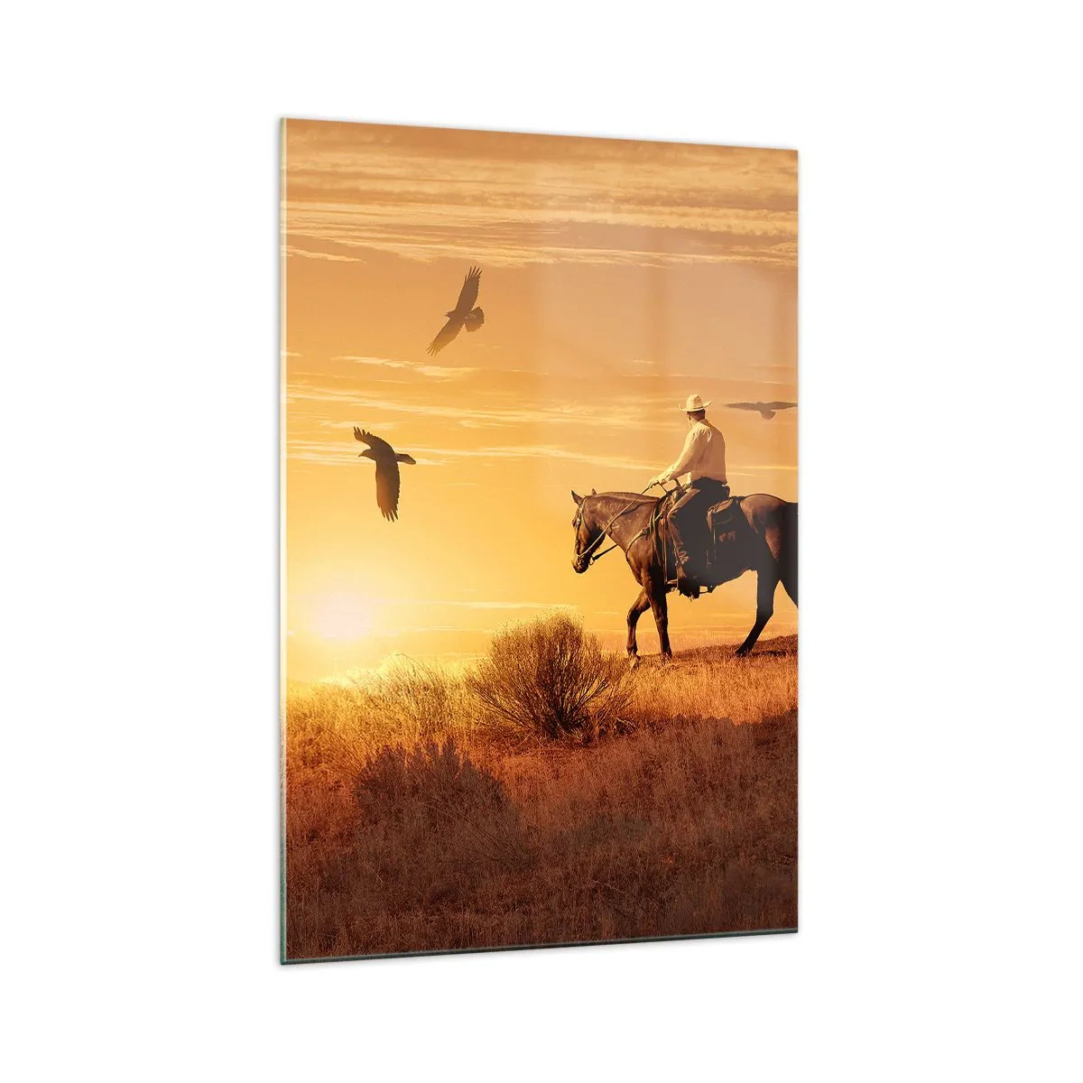 Cuadro sobre vidrio - Impresiones sobre Vidrio - Un jinete a caballo al atardecer contra la pradera. - 70x100cm - Solo a través de la pradera - Decoración de pared moderna para salón y dormitorio ARTTOR