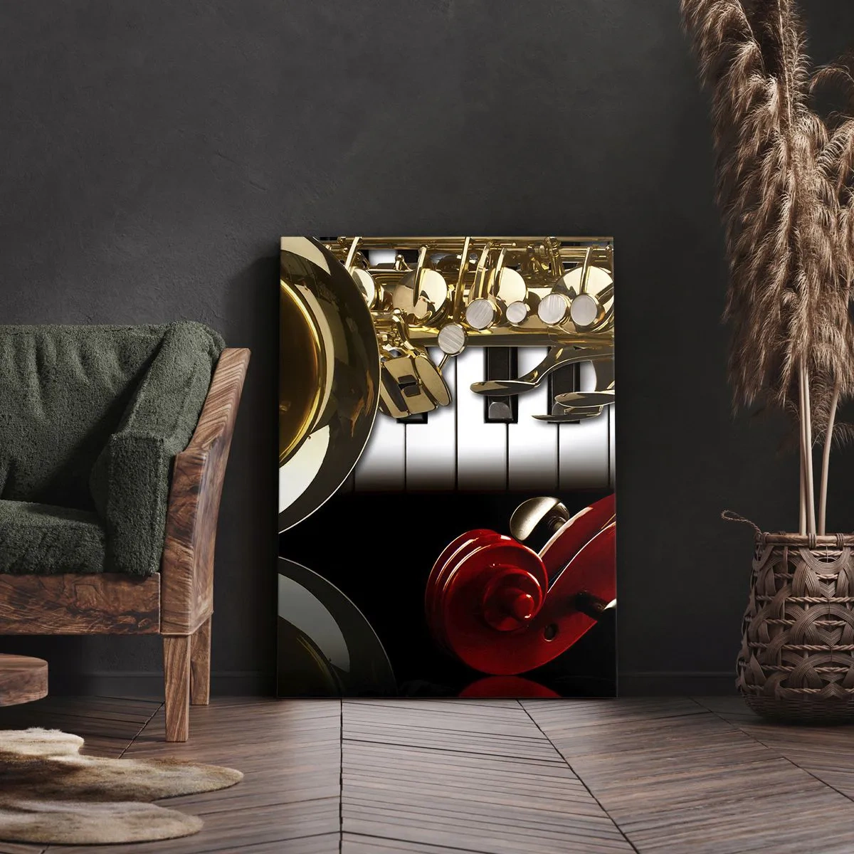 Cuadro sobre lienzo - Impresión de Imagen - Un saxofón dorado, teclas de piano y un violín rojo. - 70x100cm - Chapa, madera y marfil - Decoración de pared moderna para salón y dormitorio ARTTOR