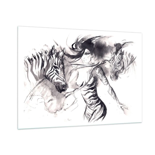 Cuadro sobre vidrio - Impresiones sobre Vidrio - Composición en blanco y negro con una mujer y una cebra en estilo artístico. - 100x70cm - Bailando con las cebras - Decoración de pared moderna para salón y dormitorio ARTTOR
