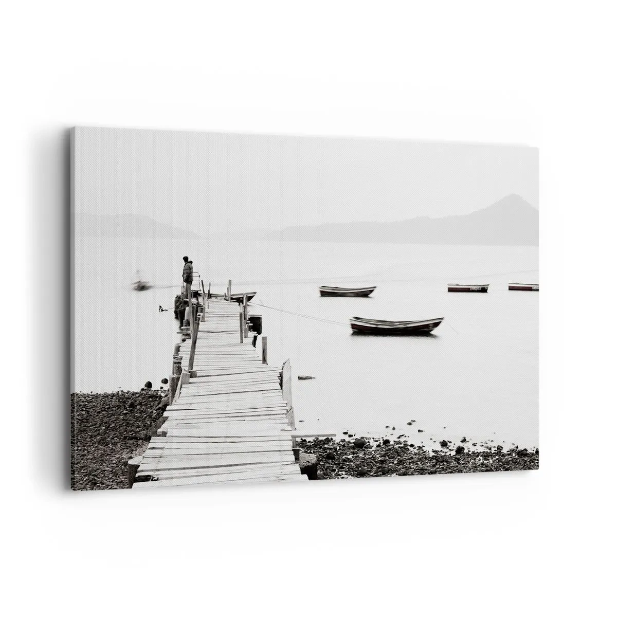Cuadro sobre lienzo - Impresión de Imagen - Muelle de madera y barcos en aguas tranquilas - 120x80cm - Junto al agua tranquila y clara - Decoración de pared moderna para salón y dormitorio ARTTOR