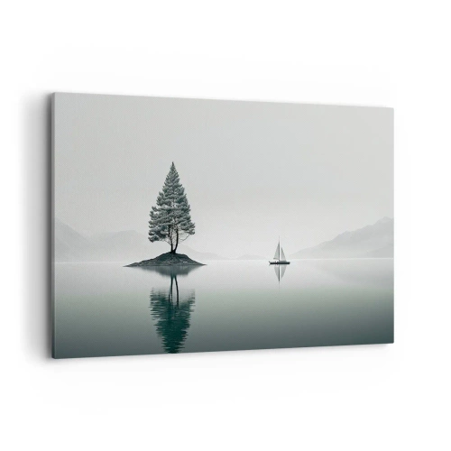 Cuadro sobre lienzo - Impresión de Imagen - Un paisaje minimalista con un árbol en una isla y un velero. - 120x80cm - Un sueño hecho realidad - Decoración de pared moderna para salón y dormitorio ARTTOR