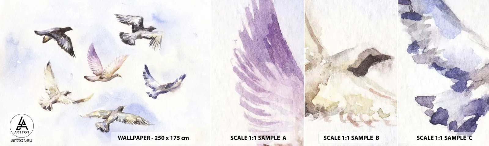 Muestra de fotomural autoadhesivo Deluxe Sticker - Libertad en gris y azul - Aves, Gráficos, Pedazo - 100x30 cm