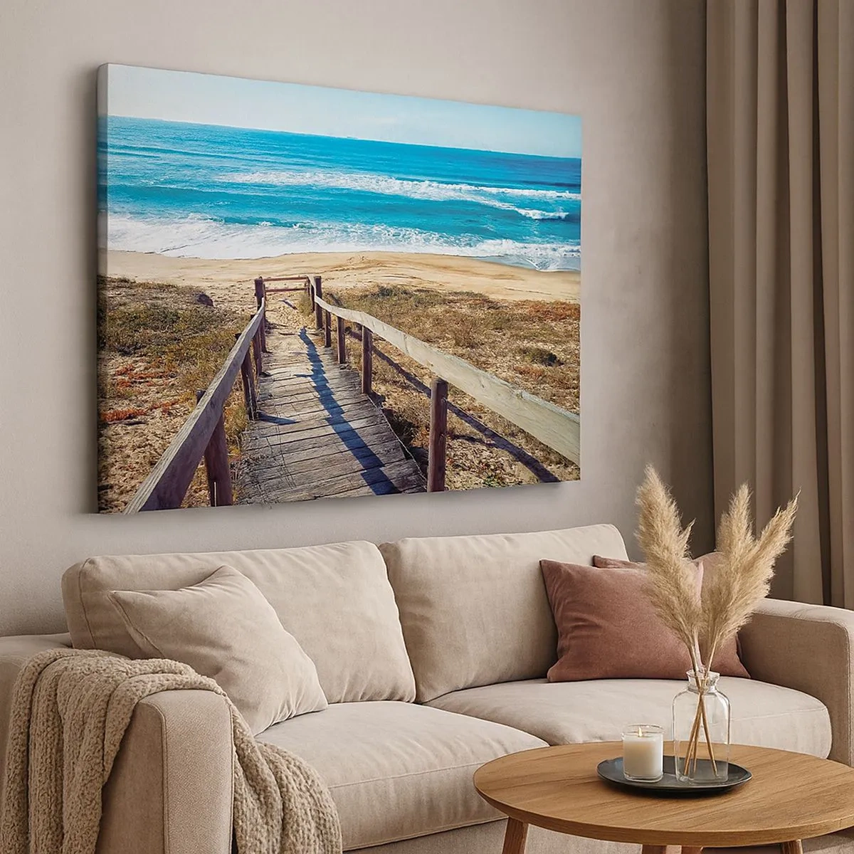 Cuadro sobre lienzo - Impresión de Imagen - Camino de madera que conduce a la playa. - 70x50cm - ¡Corre! - Decoración de pared moderna para salón y dormitorio ARTTOR