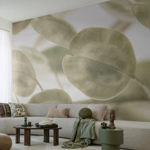 Fotomural Premium Sand - Delicadas hojas de color verde claro sobre un fondo claro. - 100x70cm - Al principio de los tiempos había hojas... - Decoración de pared moderna para salón y dormitorio ARTTOR