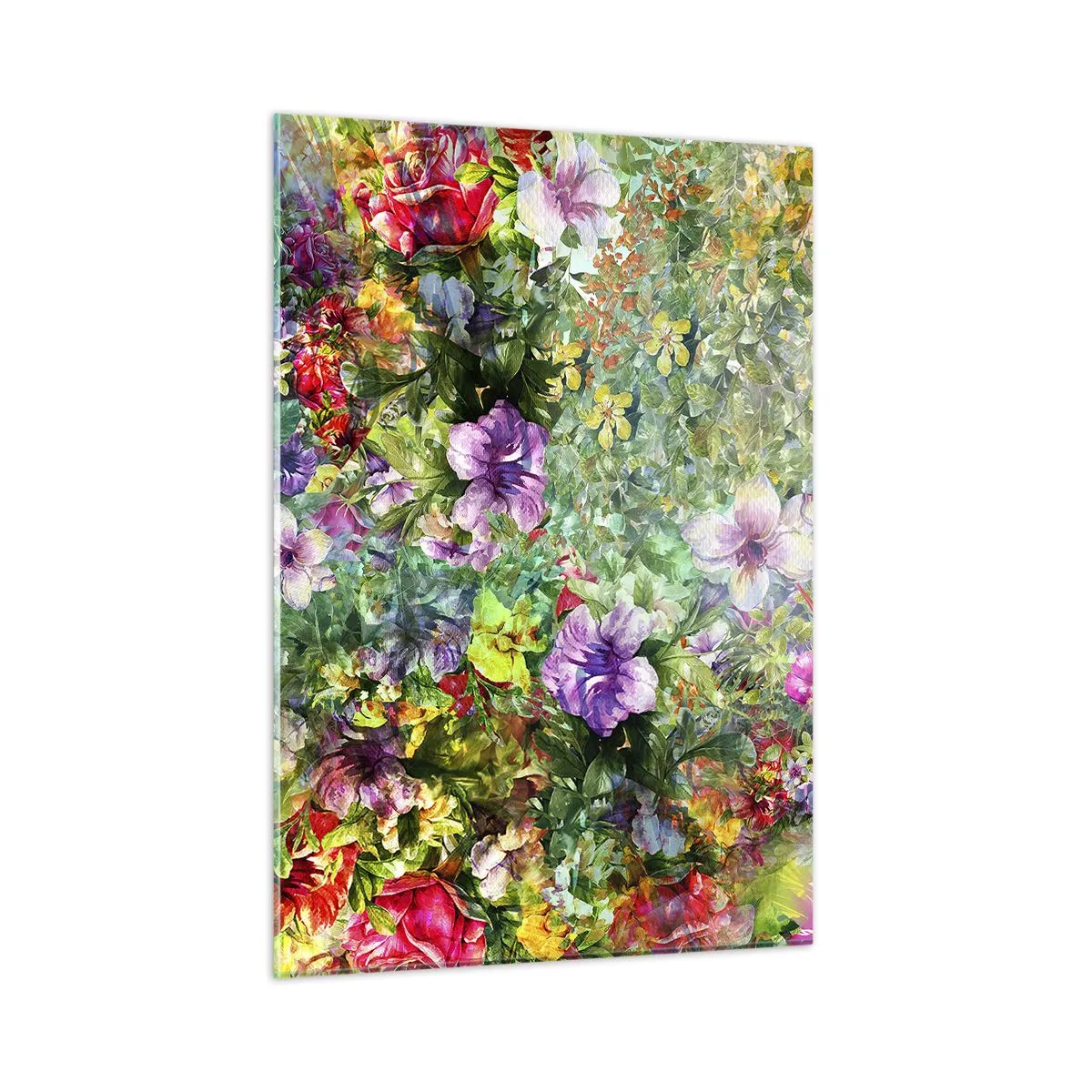 Cuadro sobre vidrio - Impresiones sobre Vidrio - Flores coloridas en una composición artística. - 50x70cm - En flores a la perdición - Decoración de pared moderna para salón y dormitorio ARTTOR