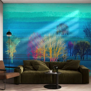 Fotomural Premium Sand - Paisaje abstracto con árboles en tonos fríos de azul. - 100x70cm - Un paisaje armónico - Decoración de pared moderna para salón y dormitorio ARTTOR