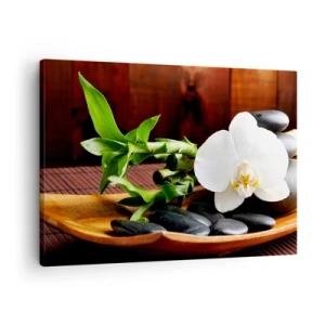 Cuadro sobre lienzo - Impresión de Imagen - Orquídea blanca con bambú sobre un fondo de piedra de estilo zen. - 70x50cm - Ríndete al tacto de la naturaleza - Decoración de pared moderna para salón y dormitorio ARTTOR