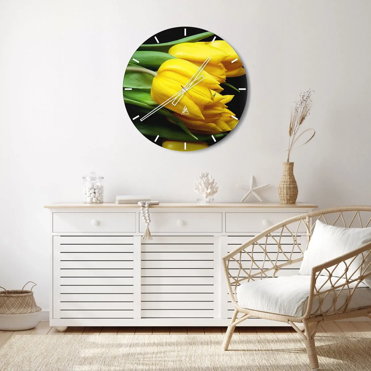 Reloj de pared - Reloj de vidrio - Tulipanes amarillos sobre fondo negro - 30x30cm - Resucitado de puro sol - Decoración de pared moderna para salón, cocina y dormitorio ARTTOR