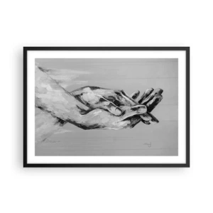 Póster en marco negro - Una composición en blanco y negro de dos manos entrelazadas sobre un fondo claro. - 70x50cm - El comienzo... - Decoración de pared moderna para salón y dormitorio ARTTOR