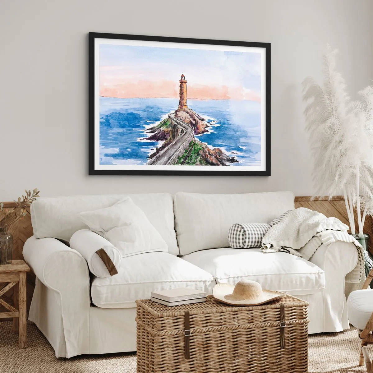 Póster en marco negro - Un faro en una costa rocosa - 70x50cm - Frente al mar - Decoración de pared moderna para salón y dormitorio ARTTOR