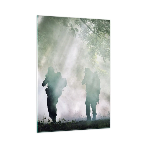 Cuadro sobre vidrio - Impresiones sobre Vidrio - Un grupo de soldados en humo, caminando por el bosque, en alerta máxima. - 50x70cm - Uno para todos... - Decoración de pared moderna para salón y dormitorio ARTTOR