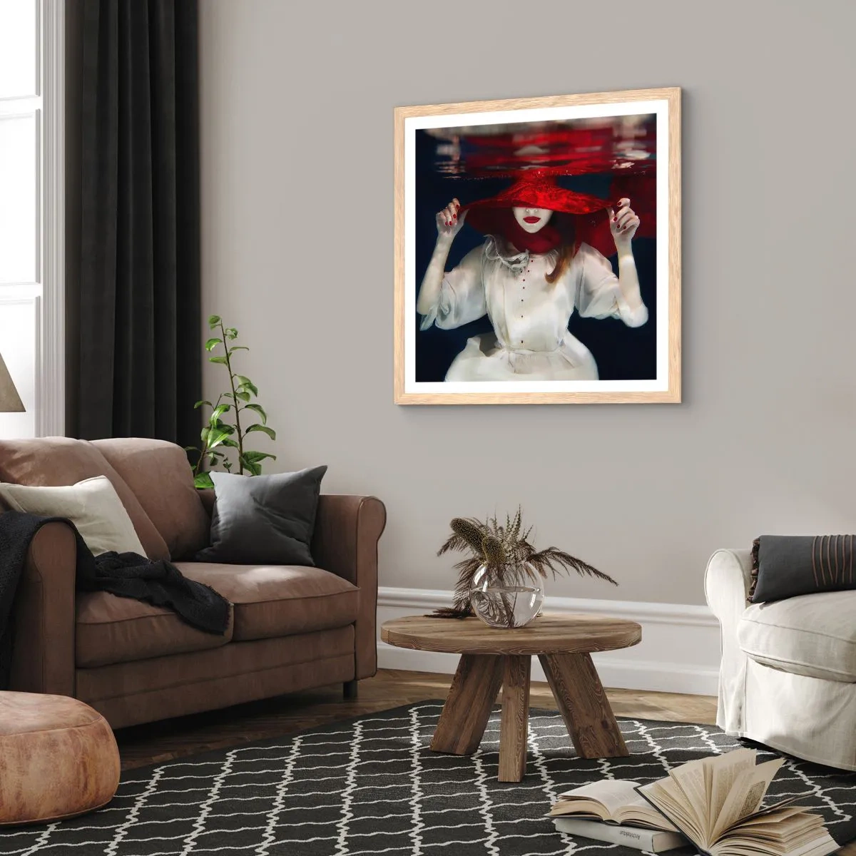 Póster en marco roble claro - Blanco y rojo - 30x30 cm