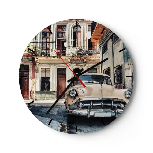 Reloj de pared - Reloj de vidrio - Coche retro con fondo de arquitectura antigua. - 30x30cm - Siesta en La Habana - Decoración de pared moderna para salón, cocina y dormitorio ARTTOR