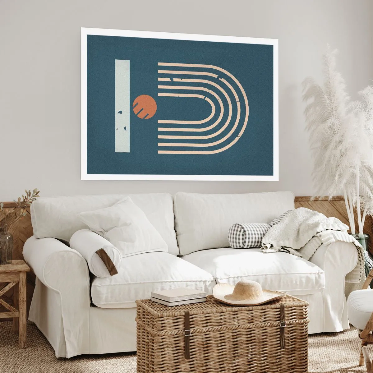 Póster - Patrón geométrico en tonos azul marino, beige y naranja sobre un fondo oscuro. - 100x70cm - Geometría sobre azul marino - Decoración de pared moderna para salón y dormitorio ARTTOR