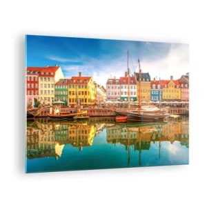 Cuadro sobre vidrio - Impresiones sobre Vidrio - Casas coloridas en el canal con reflejos en el agua. - 70x50cm - Sobre el agua tan suave como un espejo - Decoración de pared moderna para salón y dormitorio ARTTOR