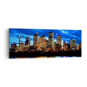 Cuadro sobre lienzo - Impresión de Imagen - Panorama de la ciudad nocturna con rascacielos iluminados sobre el agua. - 140x50cm - Noche de luces y colores - Decoración de pared moderna para salón y dormitorio ARTTOR