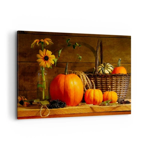 Cuadro sobre lienzo - Impresión de Imagen - Composición otoñal con calabazas y flores sobre un fondo de madera. - 100x70cm - Composición rústica - regalos de otoño - Decoración de pared moderna para salón y dormitorio ARTTOR