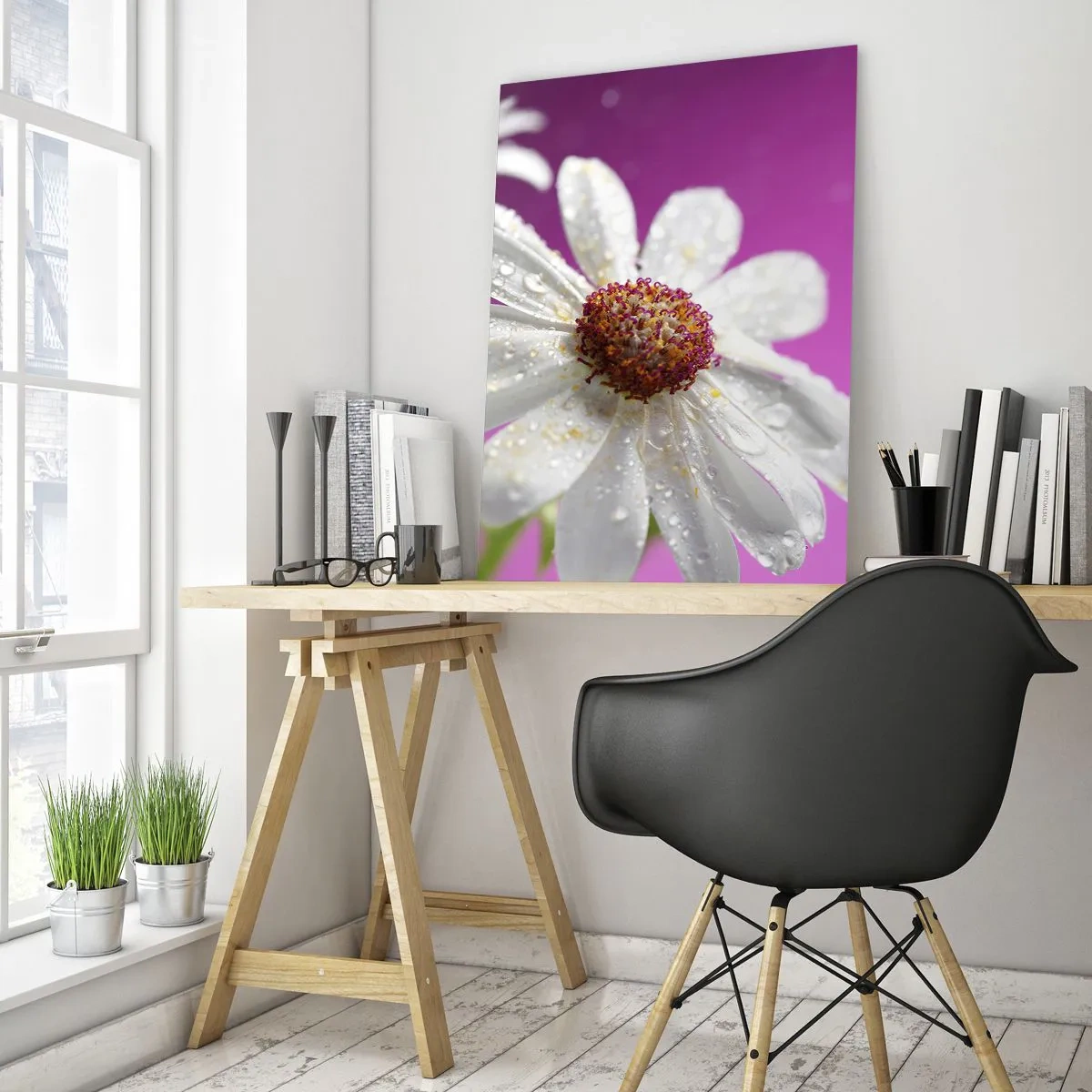 Cuadro sobre vidrio - Impresiones sobre Vidrio - Fotografía macro de una flor blanca con gotas de rocío sobre un fondo rosa. - 50x70cm - Modesto en su belleza - Decoración de pared moderna para salón y dormitorio ARTTOR