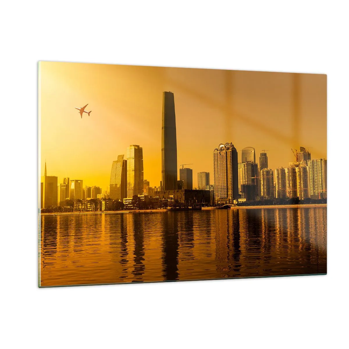Cuadro sobre vidrio - Impresiones sobre Vidrio - Una ciudad moderna con rascacielos al atardecer. - 120x80cm - La ciudad dorada - Decoración de pared moderna para salón y dormitorio ARTTOR