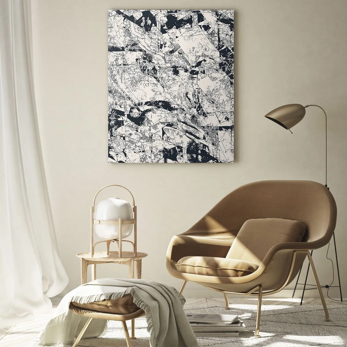 Cuadro sobre vidrio - Impresiones sobre Vidrio - Composición abstracta en blanco y negro con un diseño dinámico. - 70x100cm - La interpenetración de los opuestos - Decoración de pared moderna para salón y dormitorio ARTTOR