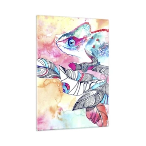 Cuadro sobre vidrio - Impresiones sobre Vidrio - Camaleón colorido entre hojas en estilo acuarela. - 50x70cm - Colorido como nuestro mundo - Decoración de pared moderna para salón y dormitorio ARTTOR