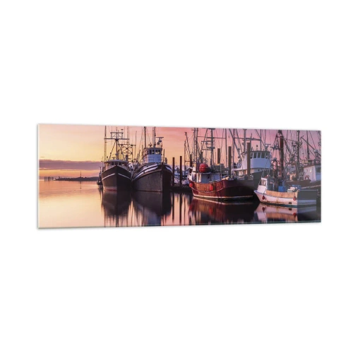 Cuadro sobre vidrio - Impresiones sobre Vidrio - Barcos de pesca en el puerto al atardecer - 160x50cm - Descanso antes de partir - Decoración de pared moderna para salón y dormitorio ARTTOR