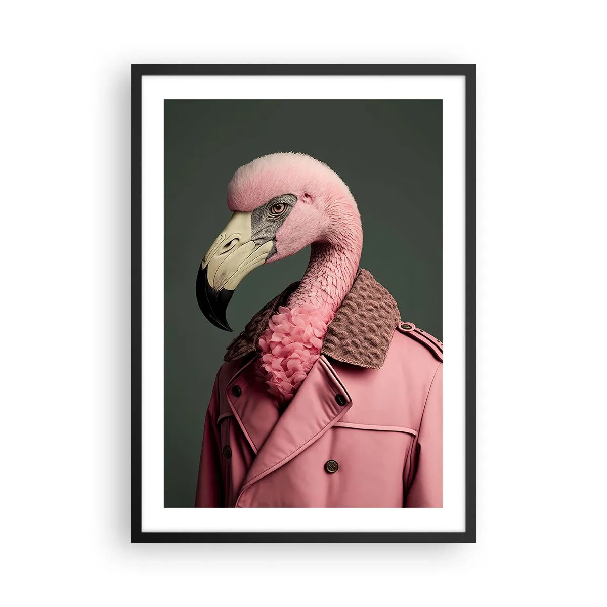 Póster en marco negro - Un flamenco con estilo con un abrigo elegante. - 50x70cm - La auténtica elegancia - Decoración de pared moderna para salón y dormitorio ARTTOR