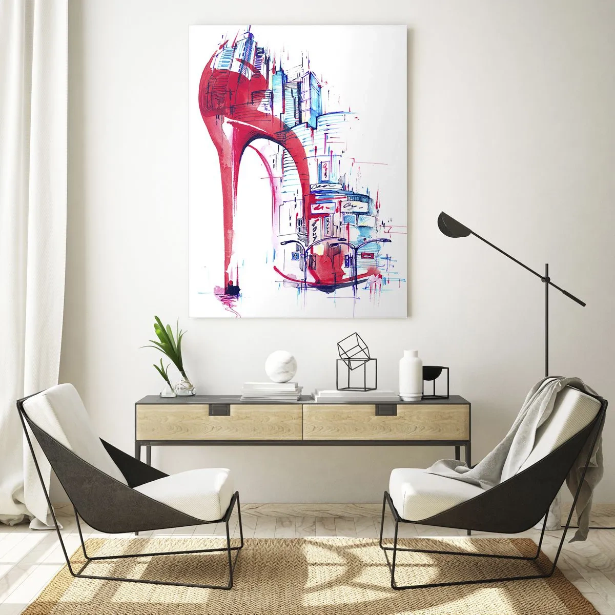 Cuadro sobre vidrio - Impresiones sobre Vidrio - Stiletto rojo con motivo de arquitectura urbana - 50x70cm - Elegancia metropolitana - Decoración de pared moderna para salón y dormitorio ARTTOR