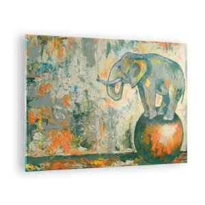 Cuadro sobre vidrio - Impresiones sobre Vidrio - Elefante abstracto en equilibrio sobre una pelota - 70x50cm - ¡Viva el circo! - Decoración de pared moderna para salón y dormitorio ARTTOR