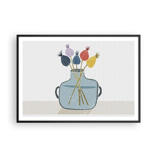 Póster en marco negro - Flores secas de colores en un jarrón sobre un fondo blanco. - 100x70cm - Como una semilla de amapola - Decoración de pared moderna para salón y dormitorio ARTTOR