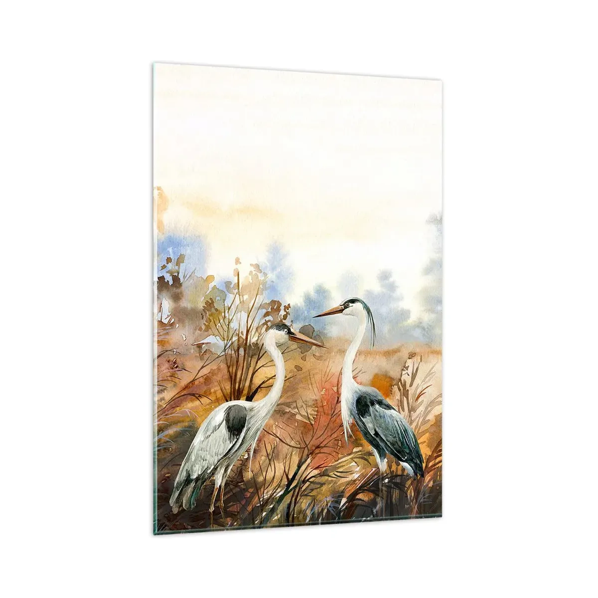 Cuadro sobre vidrio - Impresiones sobre Vidrio - Dos garzas sobre el fondo de un paisaje otoñal. - 80x120cm - ¿A dónde nos dirigimos en otoño? - Decoración de pared moderna para salón y dormitorio ARTTOR